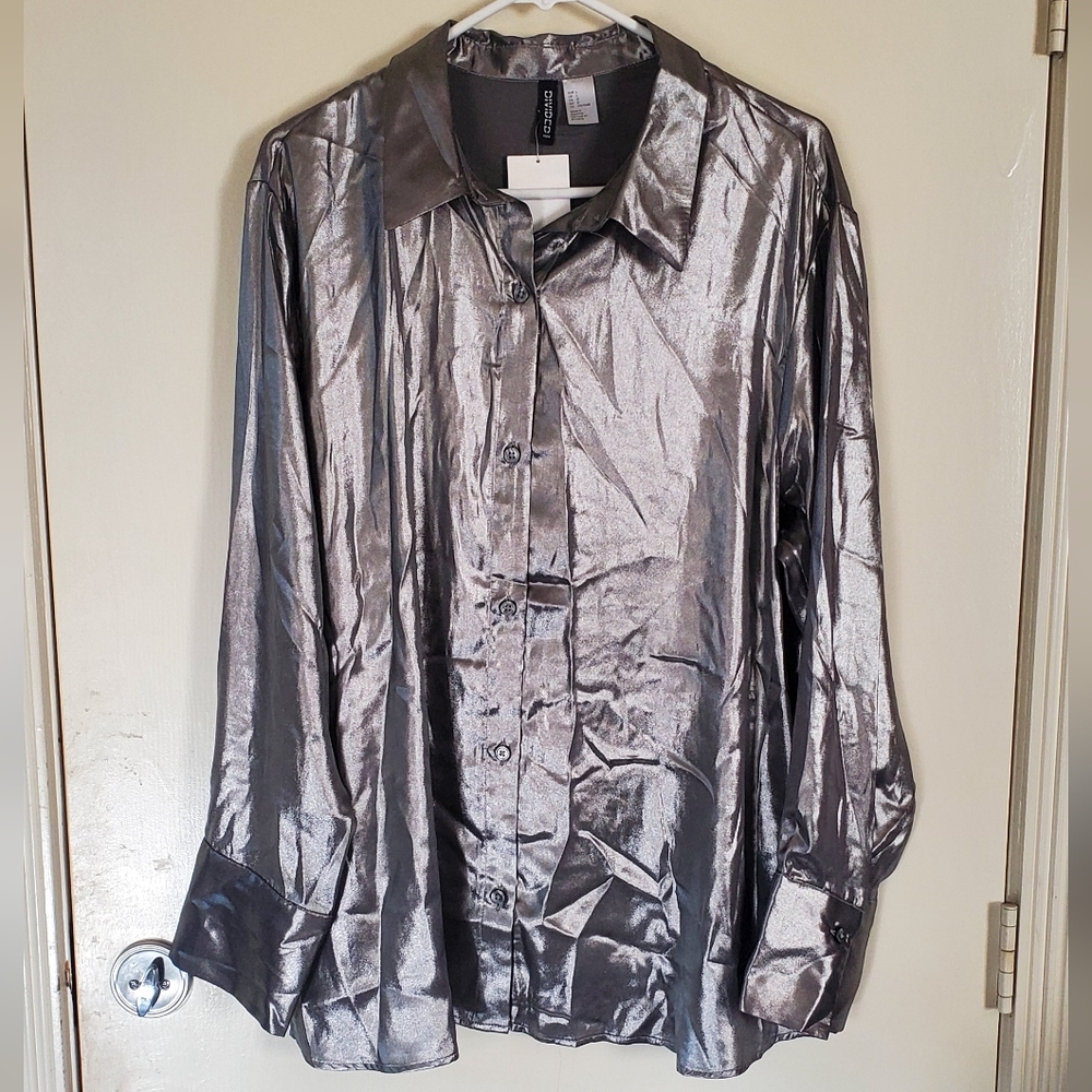 H&M Metallic Silver Satin Shirt Large